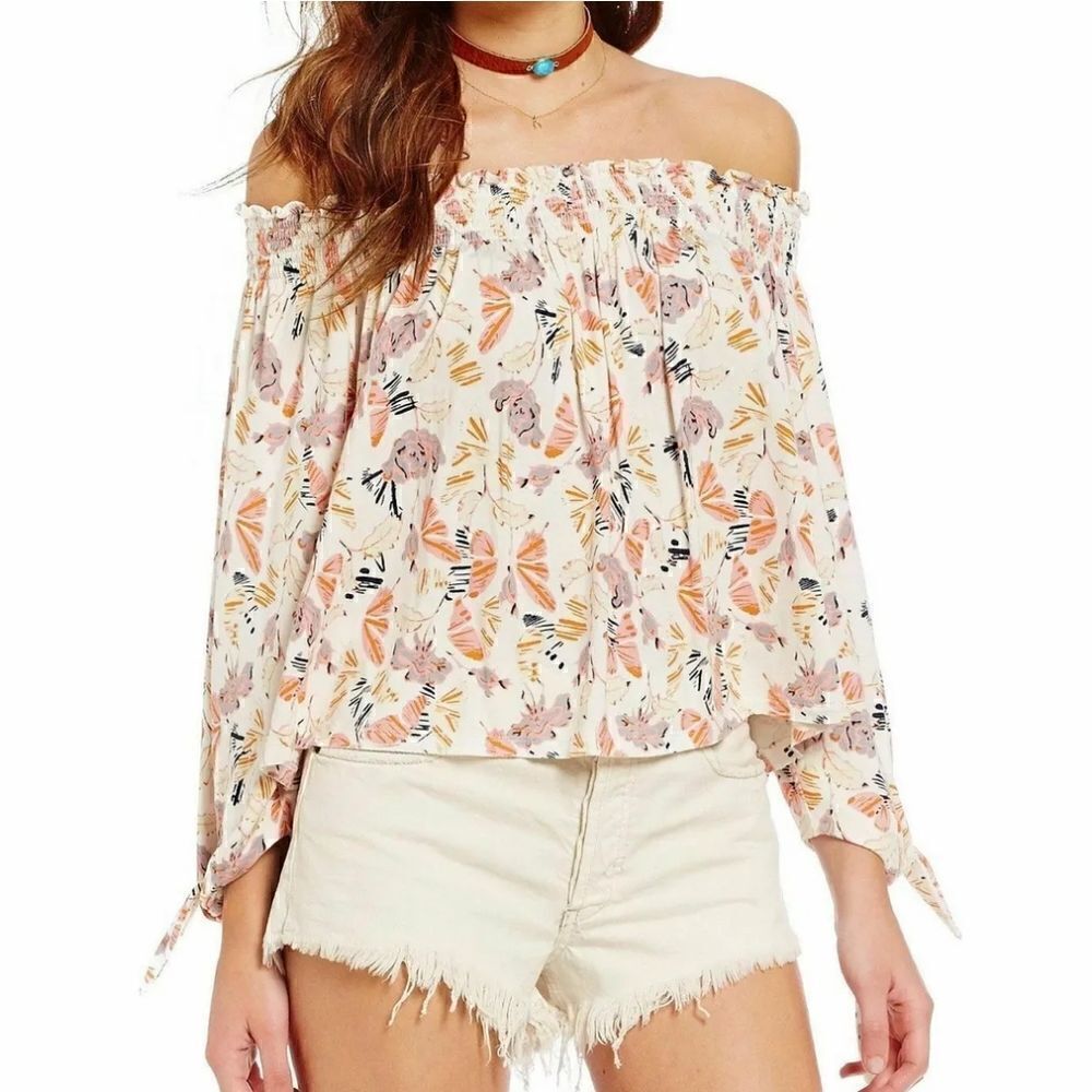 New Free People Lexington Ivory off shoulder Top Size Large Floral Butterfly